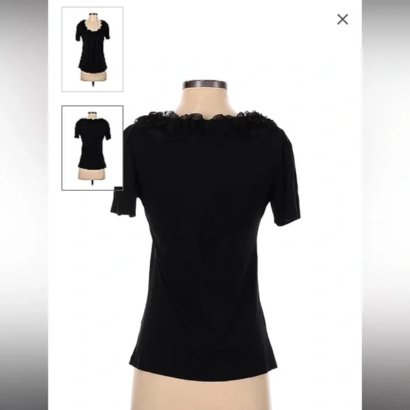 Ann Taylor Loft basic black ruffle neckline short sleeve top. - Picture 2 of 6